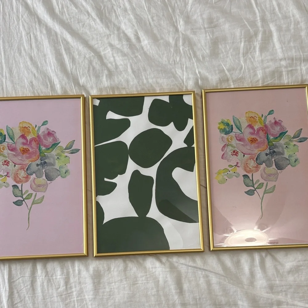 Set of 3 Floral & Green Abstract Gold Frames 11 x 17